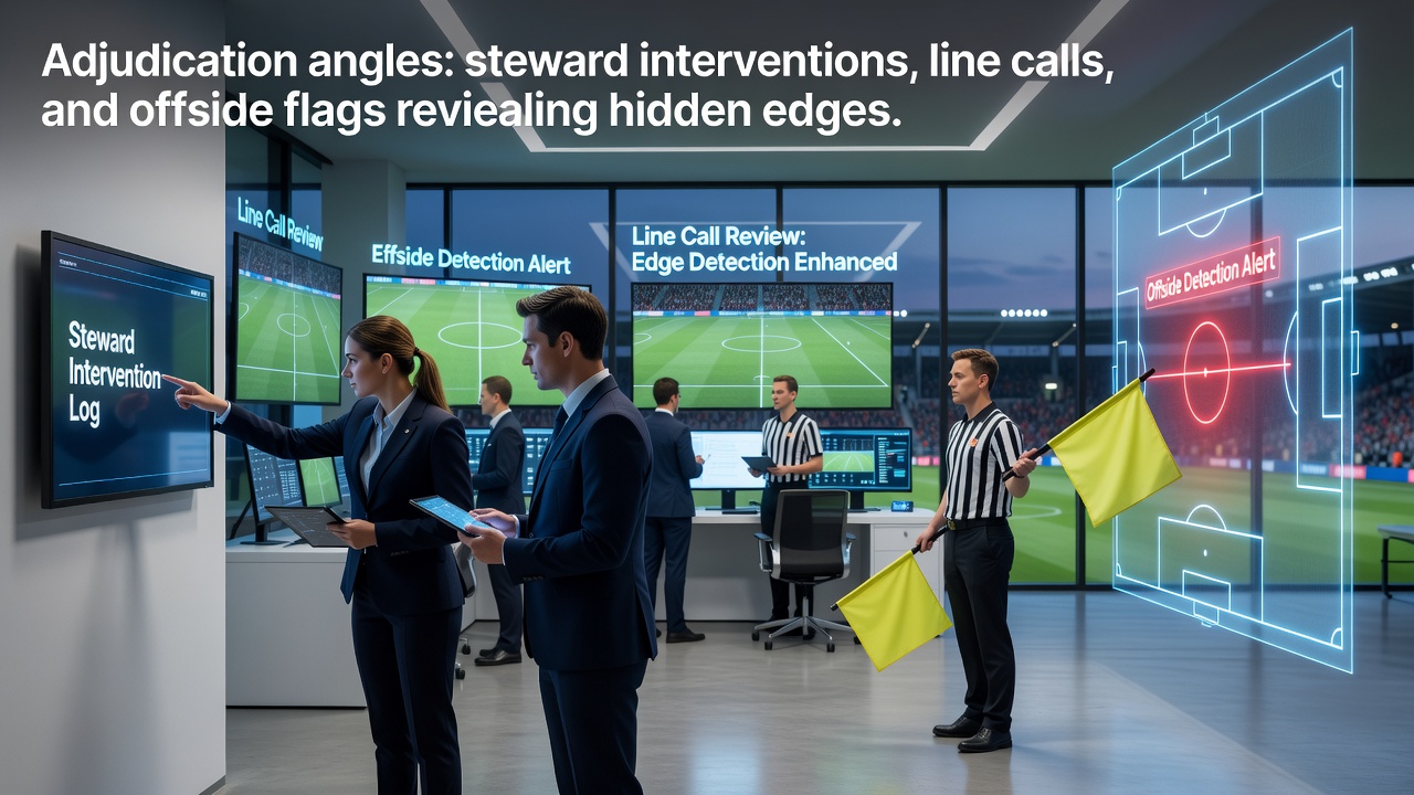 VAR officials reviewing an offside flag decision during a football match