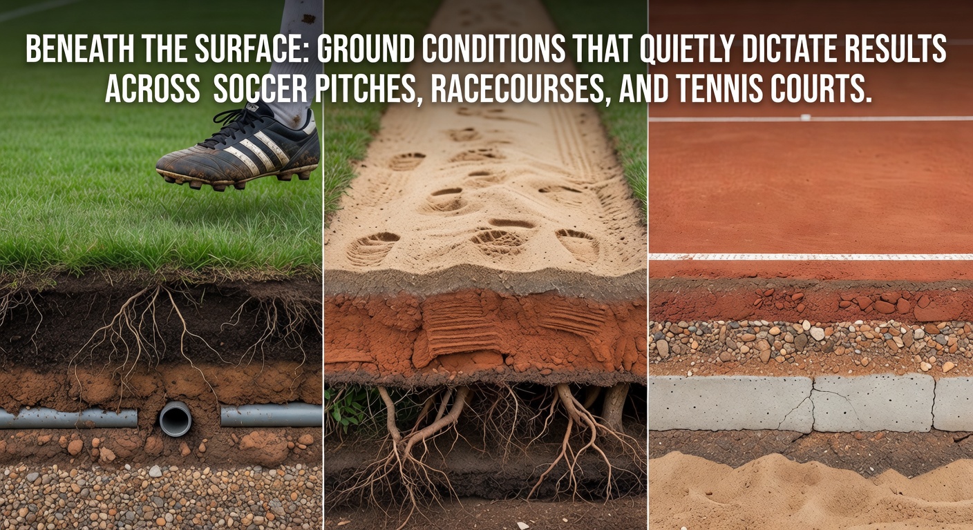 Detailed view of a soccer pitch showing varying grass lengths and soil moisture levels that influence ball movement and player traction during matches