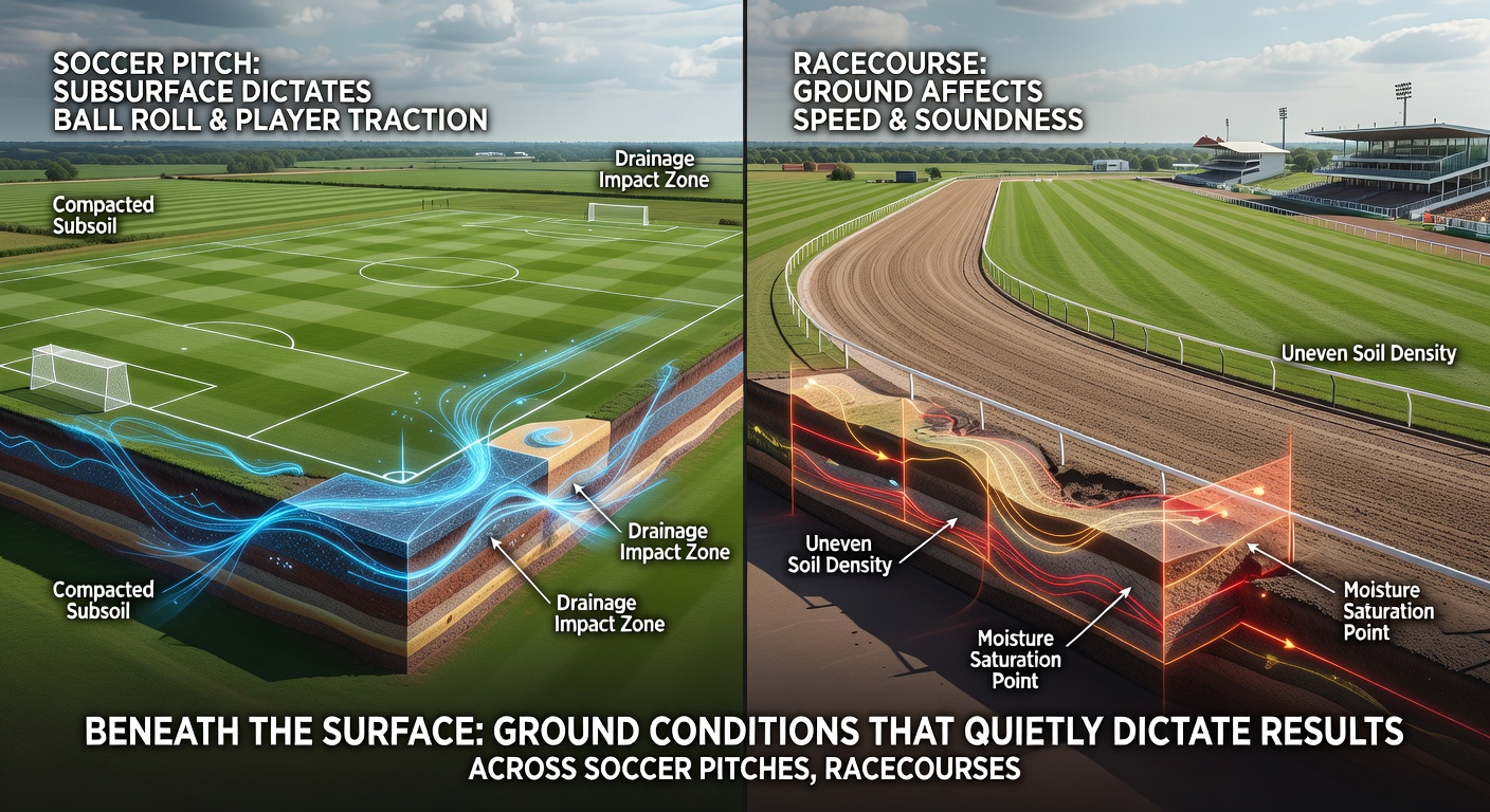 Close-up of a racecourse turf track illustrating different ground firmness levels and how they affect hoof traction during races
