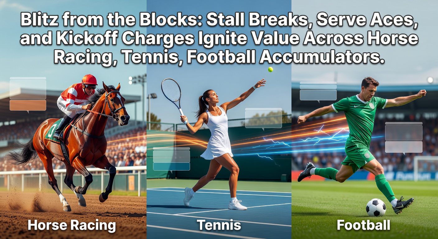 A horse bursts from the starting gate in a sprint race, capturing the explosive energy of a stall break alongside a tennis player serving an ace and football players charging after kickoff