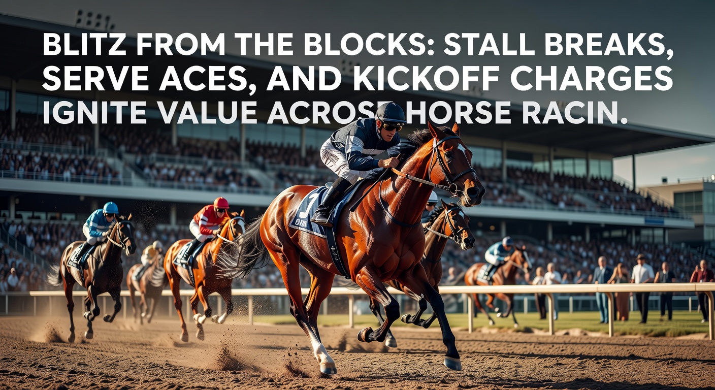 Dynamic split image showing a football team charging after kickoff, a tennis ace mid-flight, and a horse leading from the stalls, illustrating cross-sport blitz value
