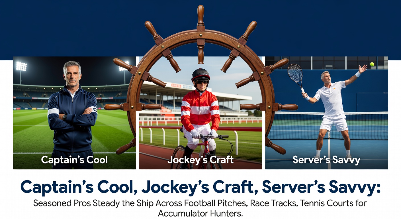A football captain rallying teammates on the pitch, a jockey guiding a horse mid-race, and a tennis player serving with precision, highlighting seasoned pros in action across sports