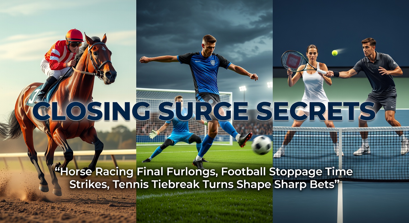Dramatic finish in horse racing final furlong with horse surging ahead, crowd cheering, evoking the thrill of late-race comebacks