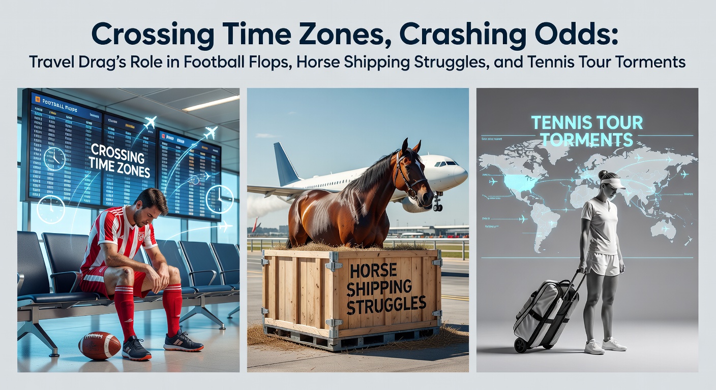 A weary football team disembarks from a long-haul flight, jet-lagged players dragging luggage across an airport tarmac under harsh lights, symbolizing the toll of transcontinental travel on athletic performance