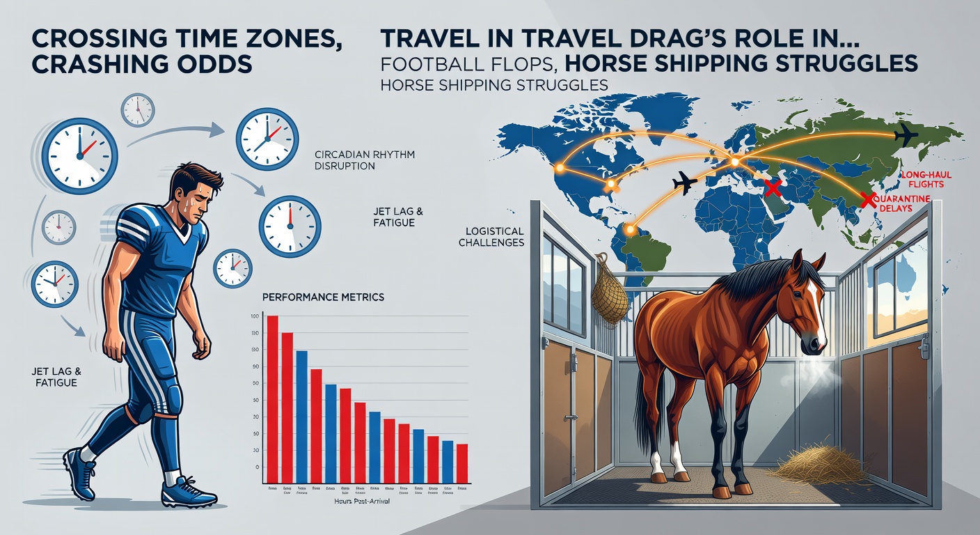 A high-strung thoroughbred horse stands in a shipping container on a cargo ship, waves crashing nearby, illustrating the stress of oceanic transport across time zones and its impact on racing form