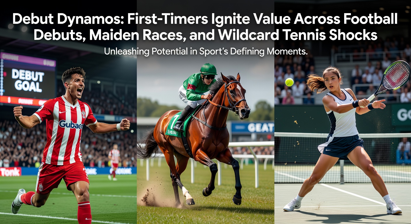 A young footballer celebrating a debut goal alongside a horse crossing the finish line in its maiden race and a tennis player shocking the crowd with a wildcard upset