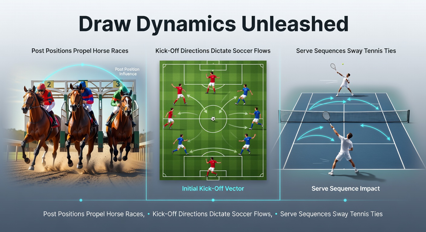A vibrant horse race start from the gates, soccer kick-off action, and tennis serve in progress, highlighting draw influences across sports