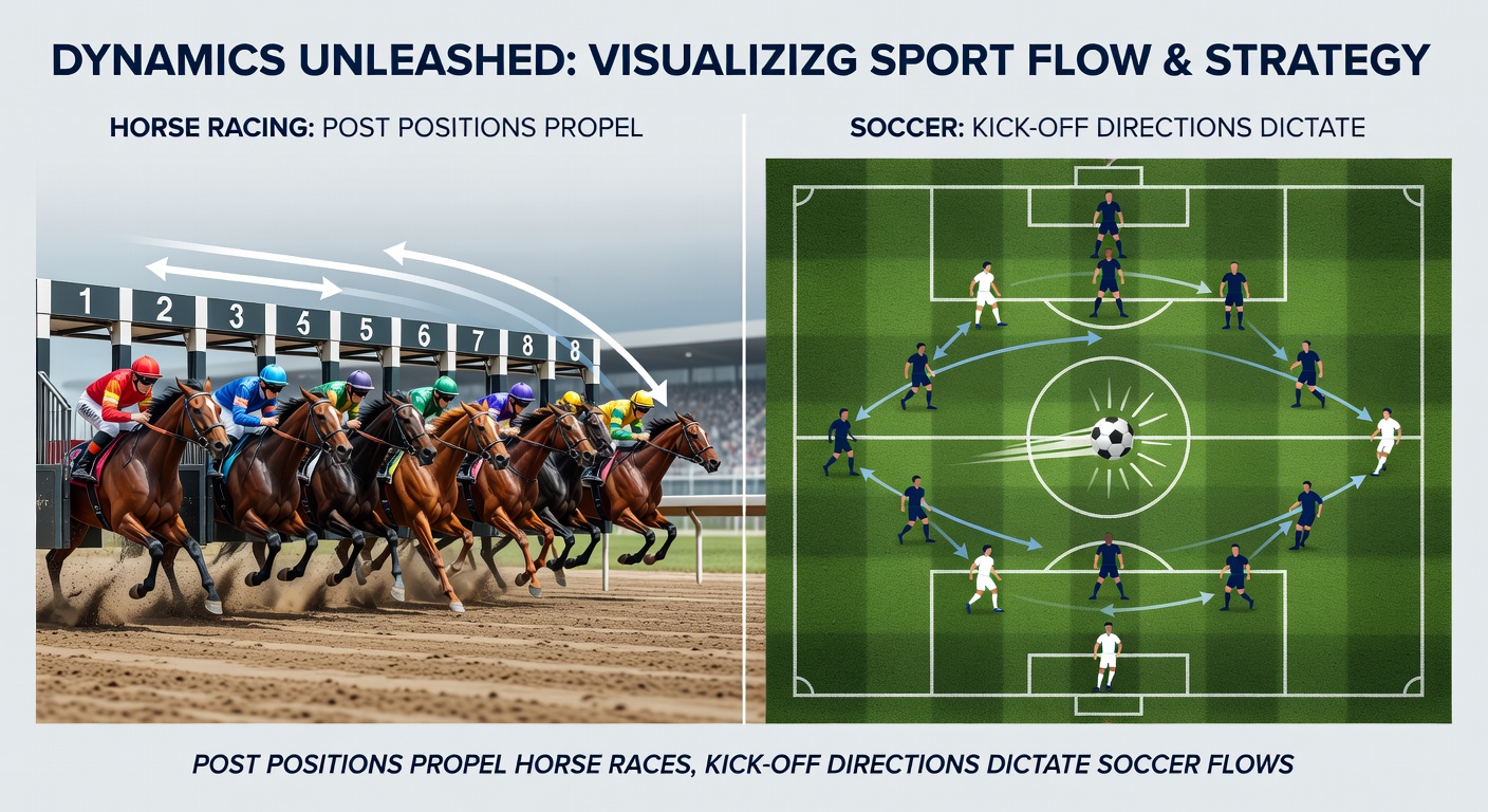 Close-up of a starting gate opening in horse racing, a soccer referee signaling kick-off direction, and a tennis player preparing to serve first in a crucial set