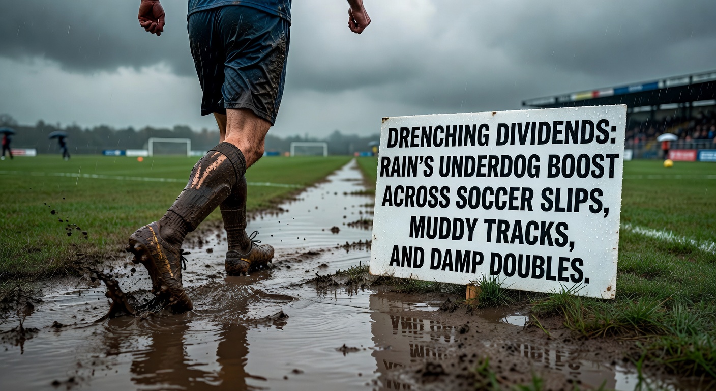 A rain-drenched soccer pitch where players battle slippery conditions, highlighting underdog advantages in wet weather betting scenarios