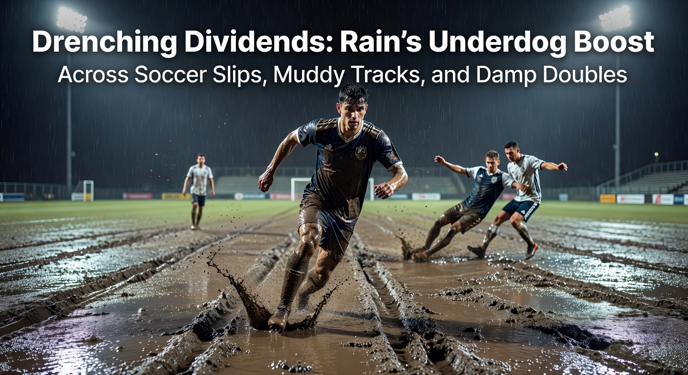 Muddy horse racing track under pouring rain, with jockeys urging underdogs forward amid splashes, capturing the edge wet conditions provide in betting
