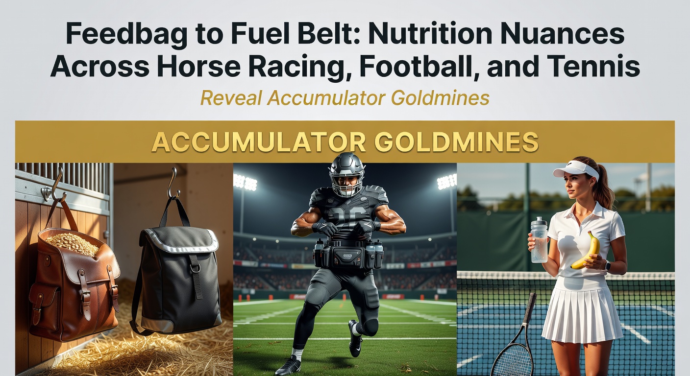 A horse being fed from a feedbag next to a football player sipping from a fuel belt and a tennis player eating a banana during a match, highlighting nutrition strategies in sports