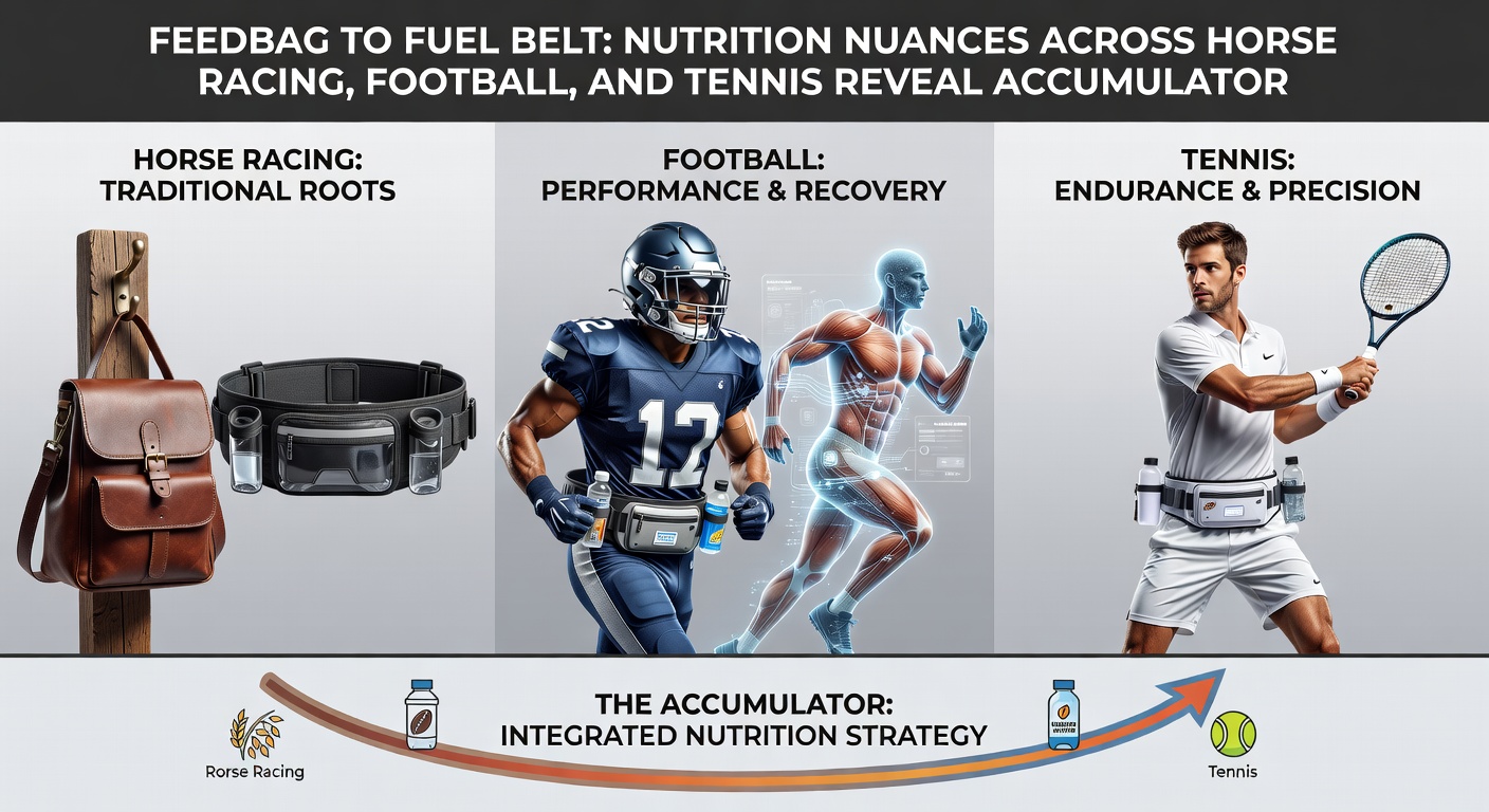 Close-up of nutrition items including horse feed, football fuel belts with gels, and tennis energy bars on a court surface, illustrating cross-sport fueling tactics