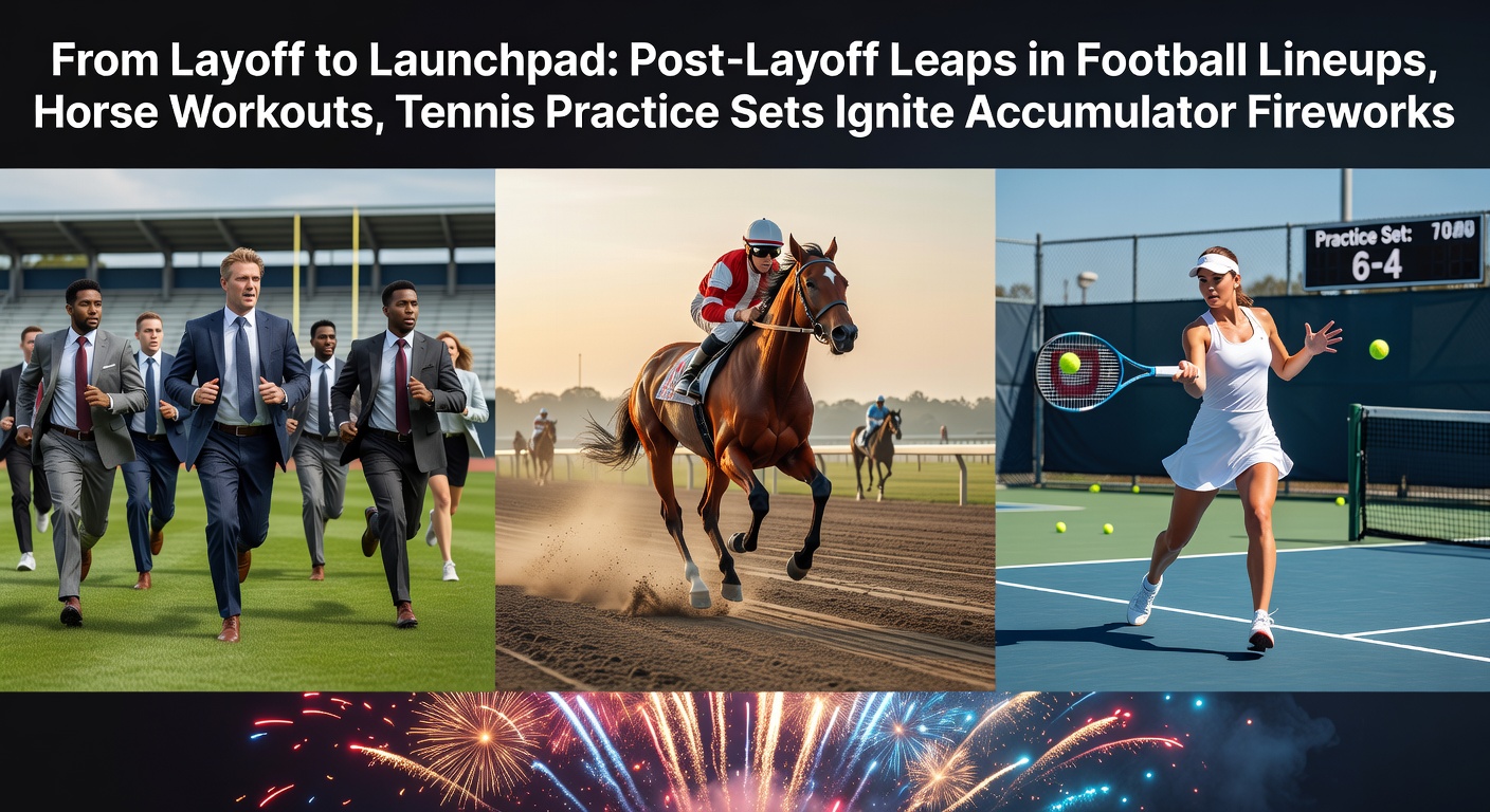 A football player celebrates a goal upon returning from injury, with a horse in workout stride and a tennis player mid-serve after practice in the background, symbolizing post-layoff surges across sports