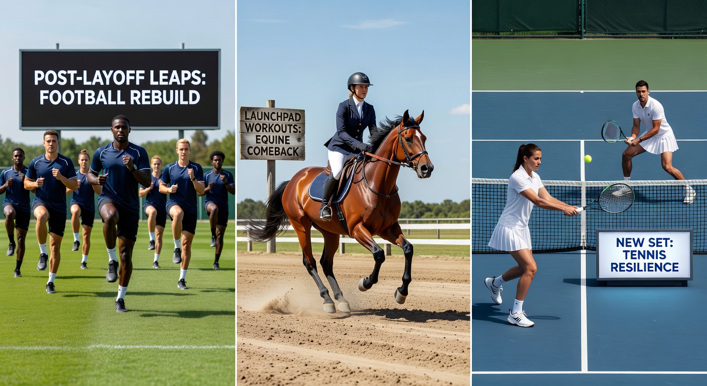 Horse galloping powerfully during a post-layoff workout session, overlaid with tennis racket strings and a football net, highlighting cross-sport momentum
