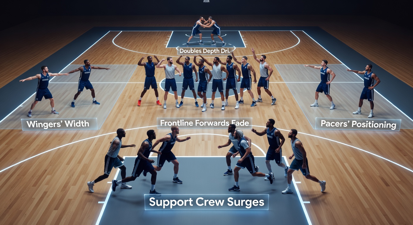 Harness pacer surging from midfield position in stretch drive, with tennis doubles depth player poaching at net and soccer winger delivering late cross