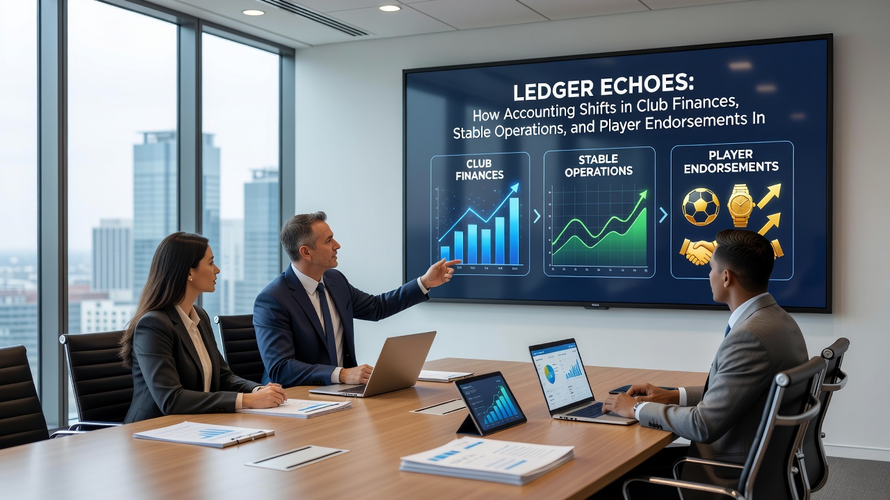 Stable financial ledgers and endorsement contracts alongside tennis and football performance charts