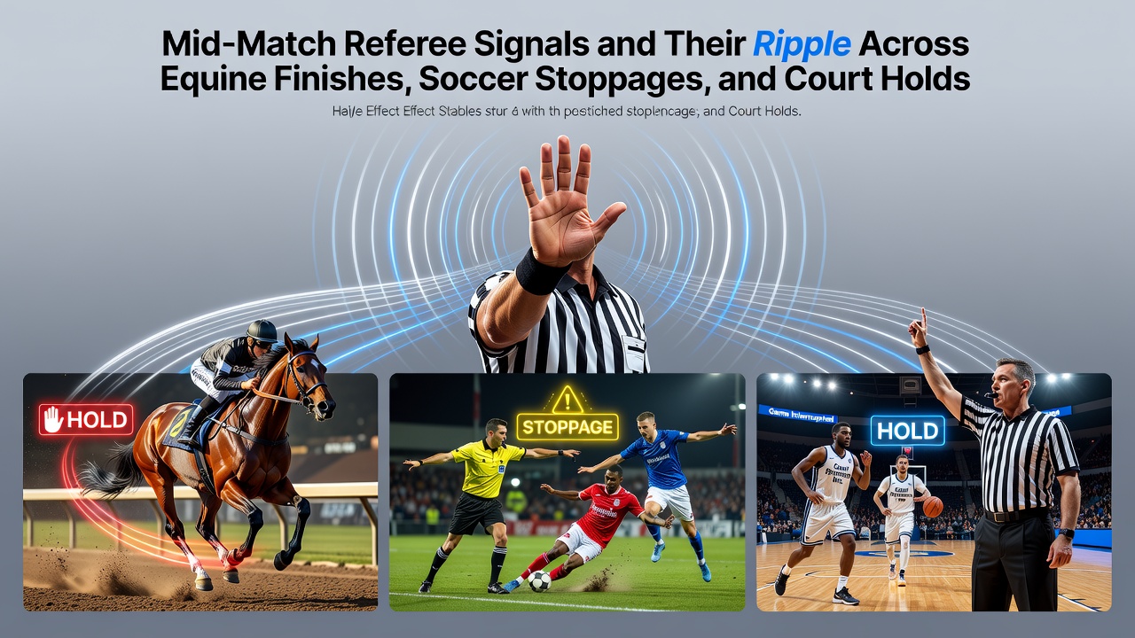 Close-up of referee signals influencing outcomes in layered sports betting scenarios