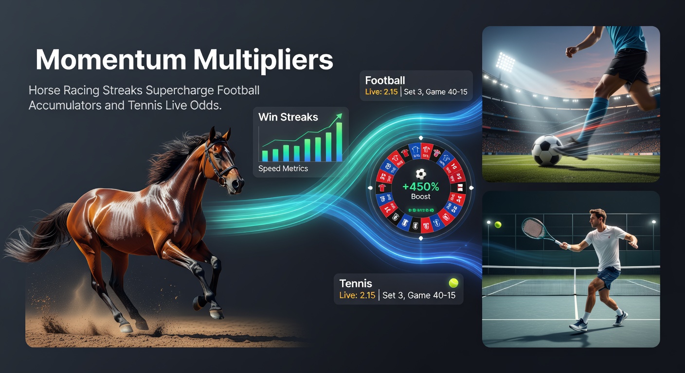 Split image of a horse racing finish line, football stadium crowd, and tennis player mid-serve highlighting momentum crossovers