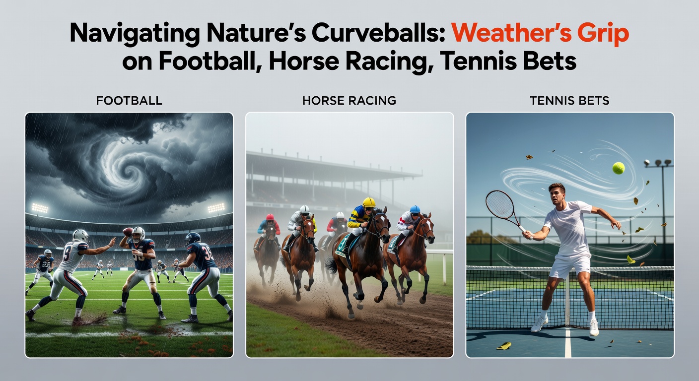 Horse racing on a muddy track during a storm, jockeys urging mounts through slop, illustrating how weather drastically alters race dynamics