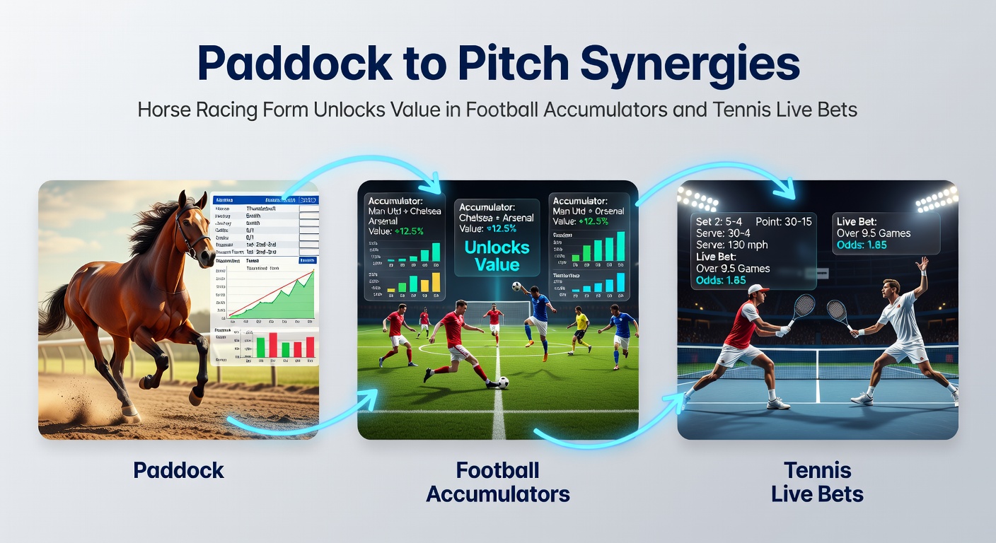 Horse racing paddock scene transitioning to football pitch with overlaid betting odds charts, illustrating form analysis synergies across sports
