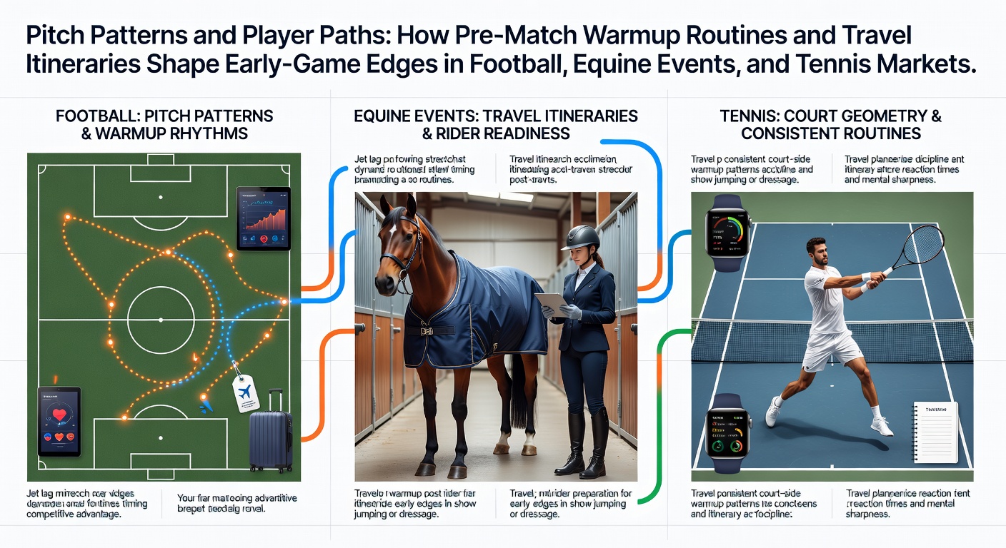 Pre-match warmup routines and player travel paths across football pitches, racecourses, and tennis courts