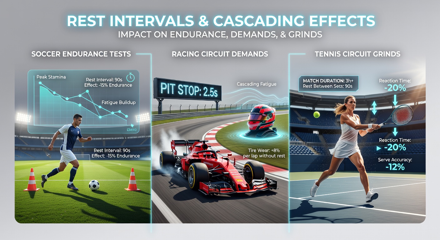Athletes and horses recovering during structured rest periods in soccer training, racing circuits, and tennis matches