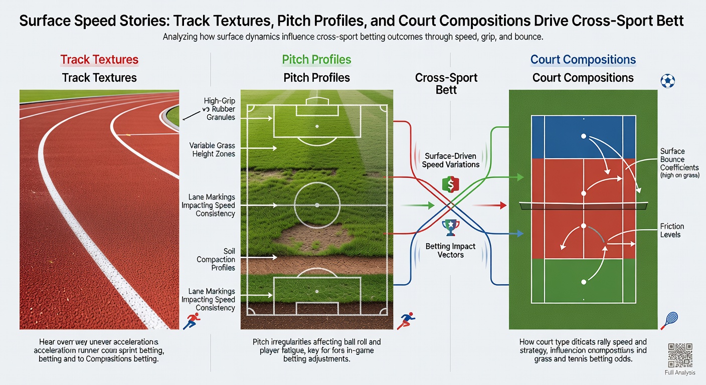 Tennis court surfaces in action: clay sliding rallies contrast with hard court baselines and grass speed, showing player adaptations to composition differences
