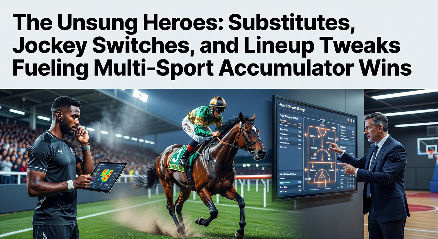 A dynamic action shot capturing a football substitute entering the pitch mid-game, a jockey switching mounts in the paddock, and tennis players adjusting their doubles lineup during a timeout, highlighting key moments that shift betting odds in multi-sport accumulators