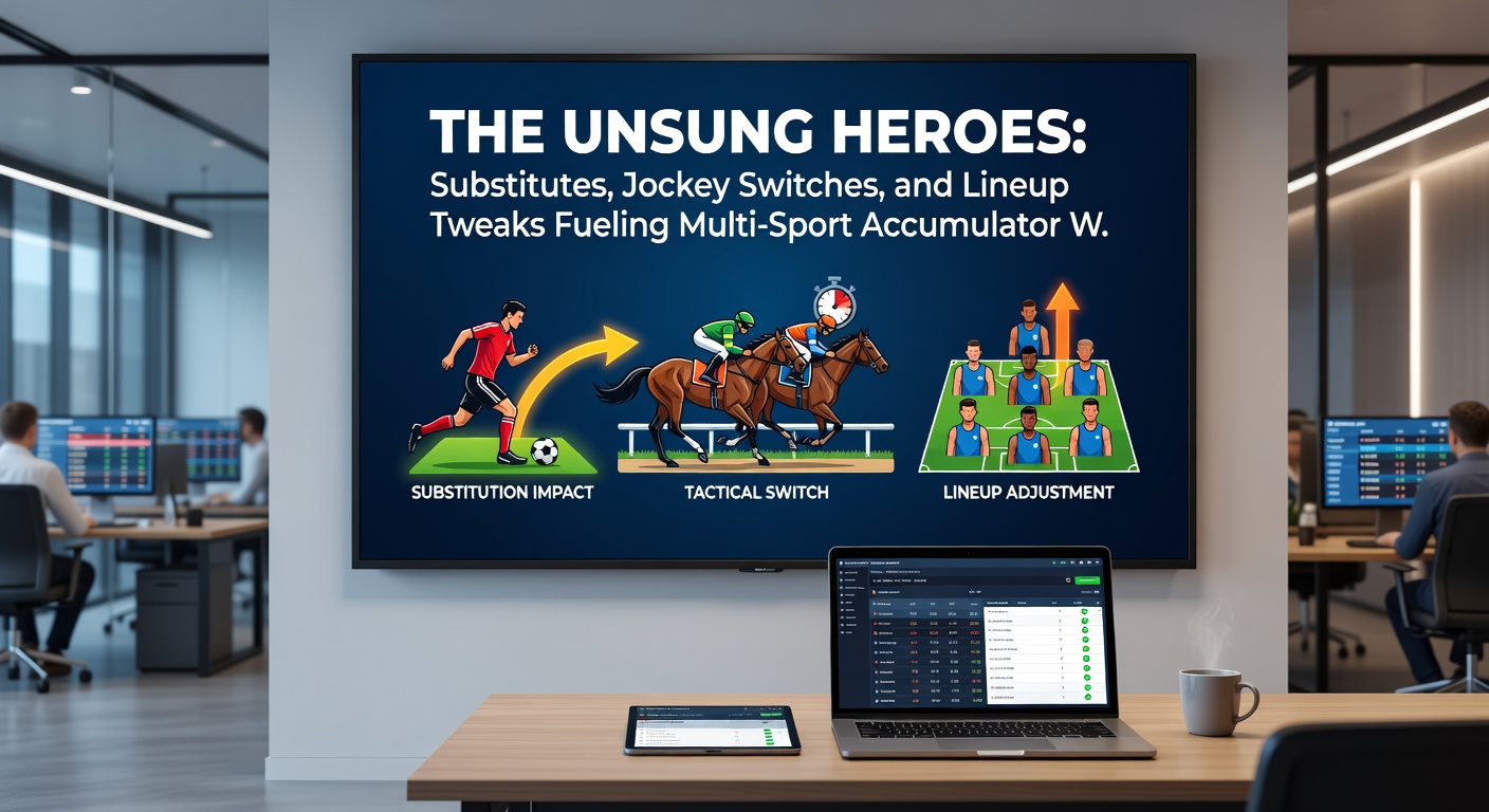 Close-up of a jockey dismounting one horse in the paddock while eyeing another, symbolizing a last-minute switch that alters race dynamics and accumulator odds in horse racing