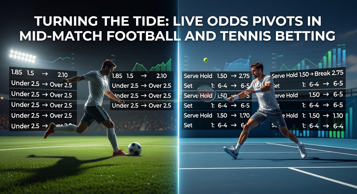 Dynamic live odds display shifting during an intense mid-match football moment, with bookmakers adjusting lines in real-time based on play