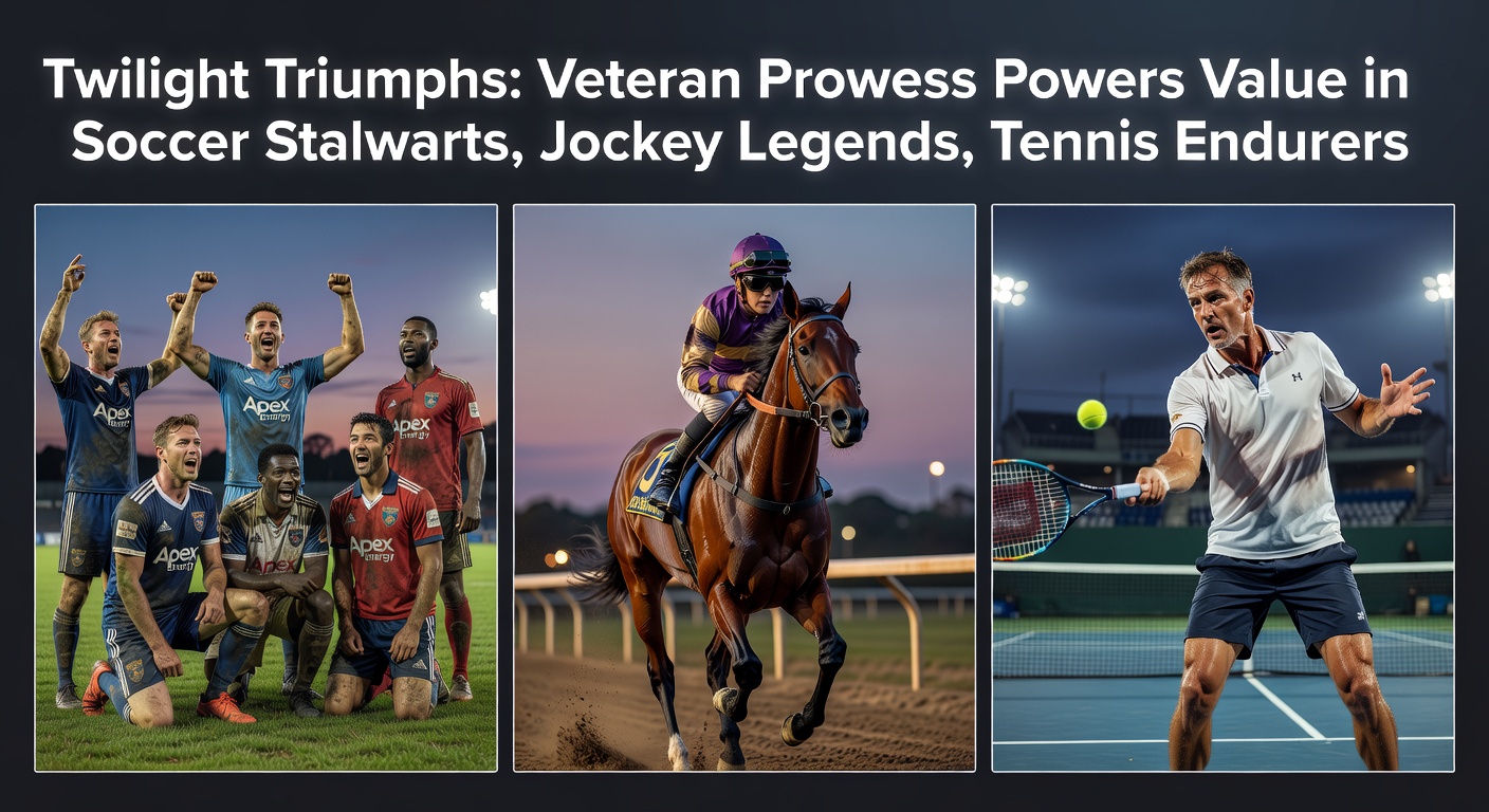 Veteran soccer player celebrating a goal alongside a jockey crossing the finish line and a tennis player serving in a late-career match, highlighting cross-sport experience-driven triumphs