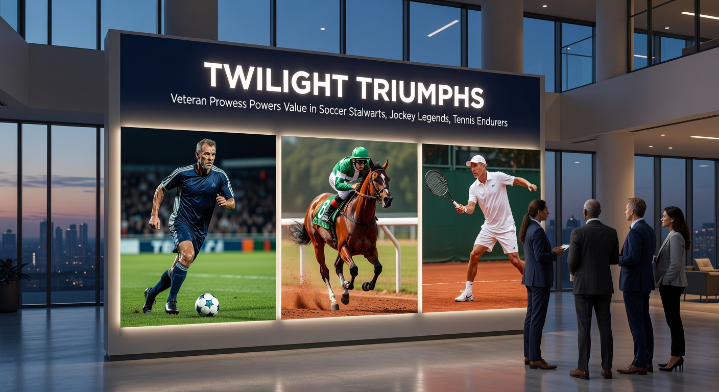 Close-up of a veteran jockey urging his horse home, a soccer veteran shielding the ball, and a tennis endurer mid-rally in a deciding set, capturing the essence of experienced grit across disciplines