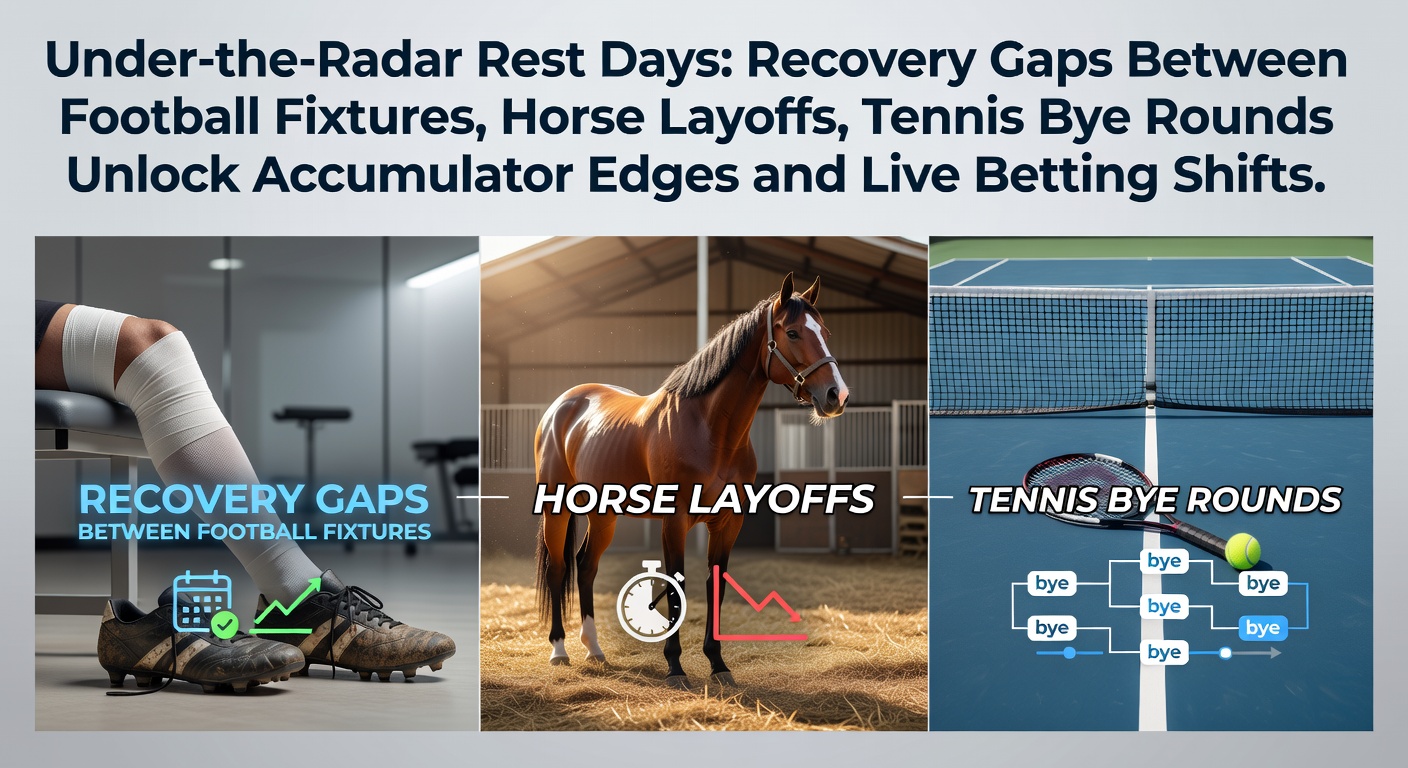 A footballer recovering on the training pitch, a horse resting in its stable after a layoff, and a tennis player taking a bye round advantage, highlighting recovery gaps across sports